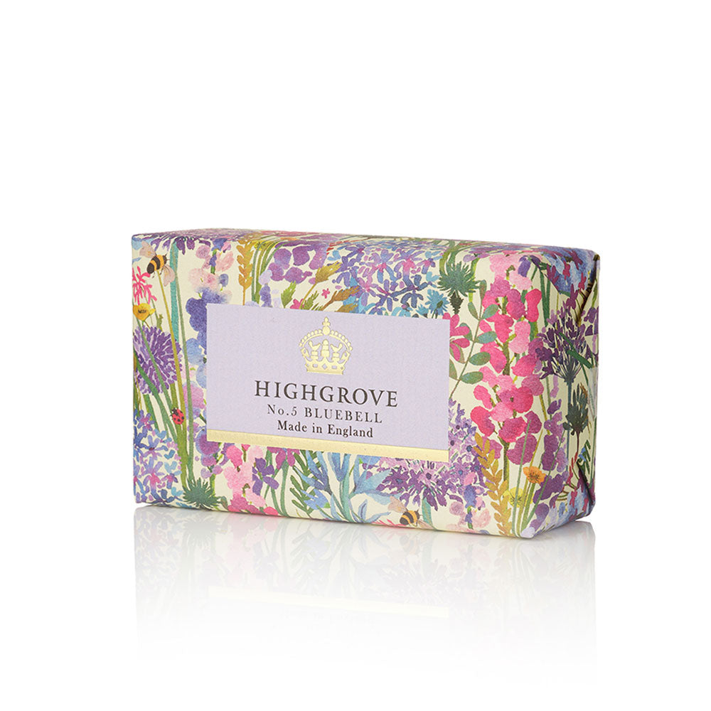 Soap bar with wildflower meadow floral packaging and 'Highgrove' branding on a white background