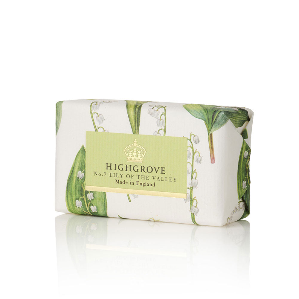 Lily of the valley bar of soap with 'Highgrove' branding and floral design on a white background
