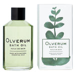 Olverum bath oil bottle and packaging on a white background