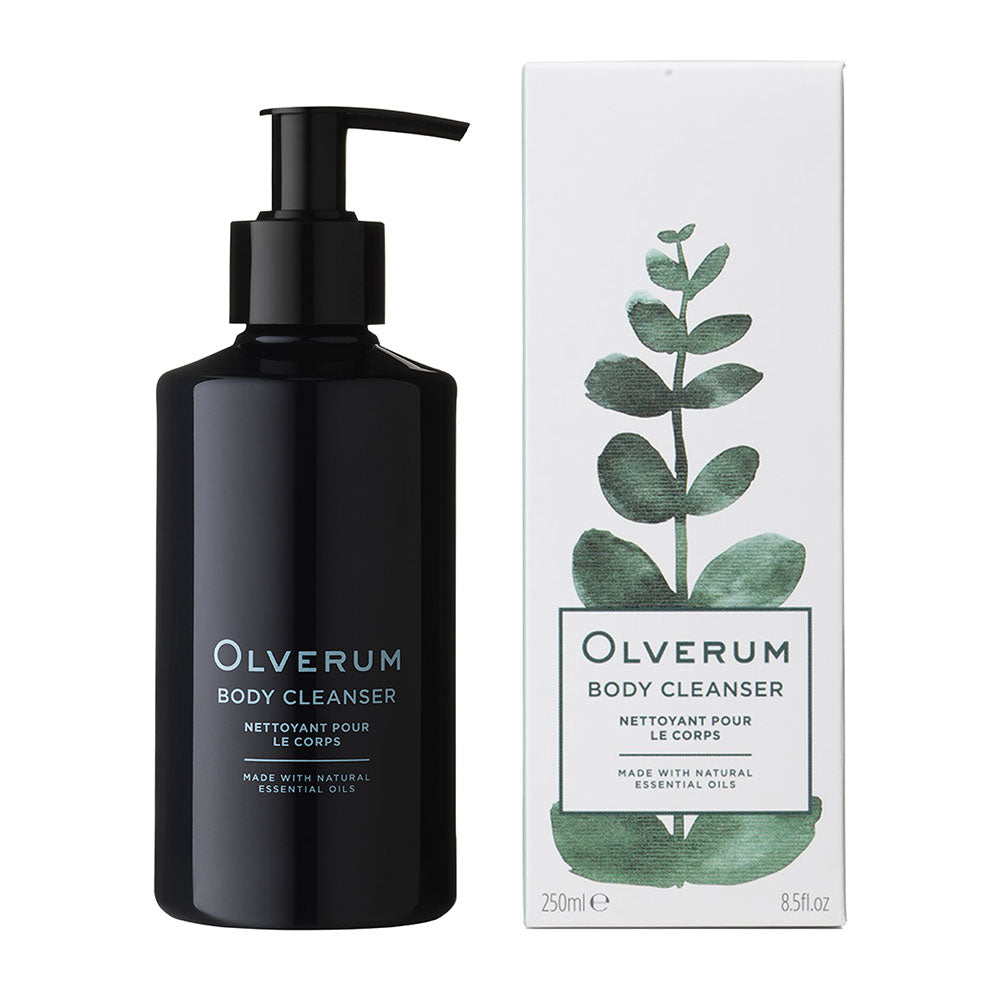 Black body cleanser bottle with pump and matching box featuring eucalyptus design on a white background