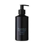 Black bottle of Olverum body cleanser on a white background