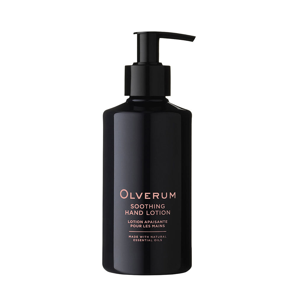 Black bottle of Olverum soothing hand lotion on a white background