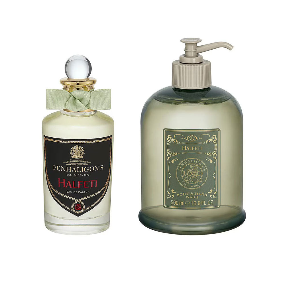 Penhaligon's Halafeti Eau de Parfum bottle next to a matching pump hand and body wash bottle on a white background.