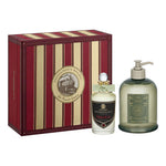 Penhaligon's Railway Halfeti cologne gift set featuring a red and gold striped box, a small perfume bottle, and a larger hand and body wash bottle on a white background.