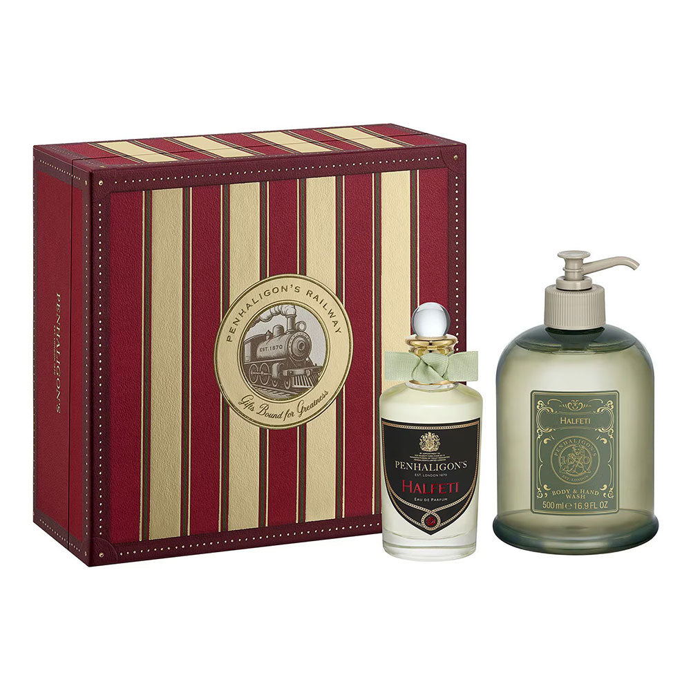 Penhaligon's Railway Halfeti cologne gift set featuring a red and gold striped box, a small perfume bottle, and a larger hand and body wash bottle on a white background.