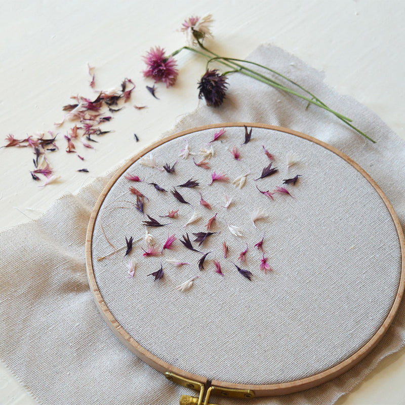 Embroidery hoop with dried flowers on a light fabric background