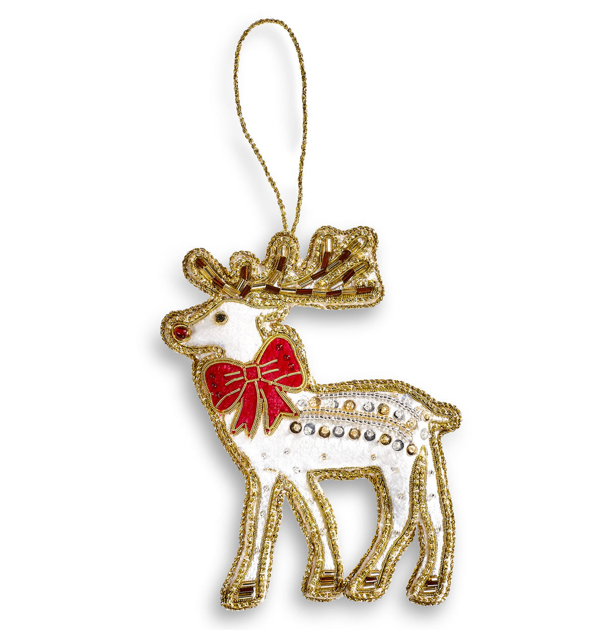 christmas tree decoration ivory deer with red bow