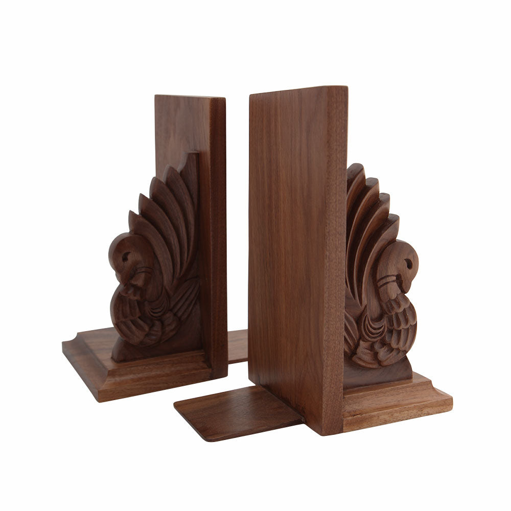 Hand-Carved Wooden Peacock Bookends