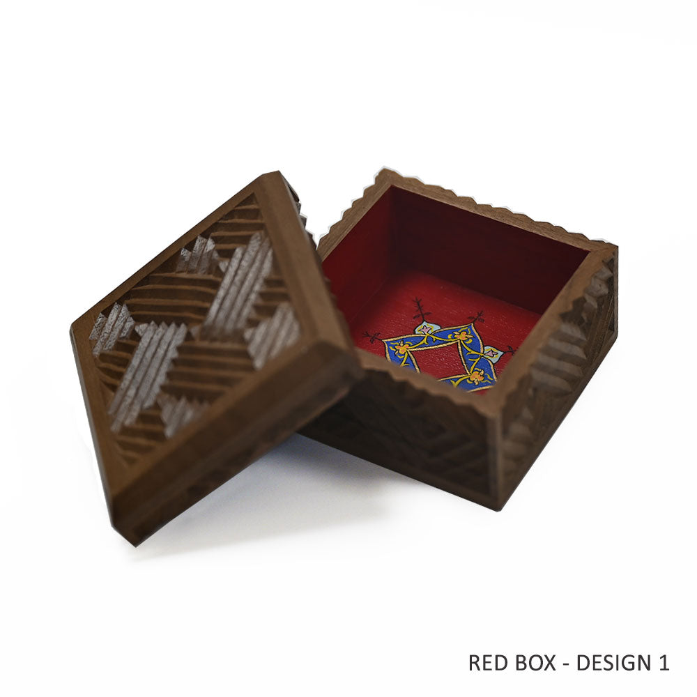 Red Painted Hand-Carved Wooden Square Gift Box