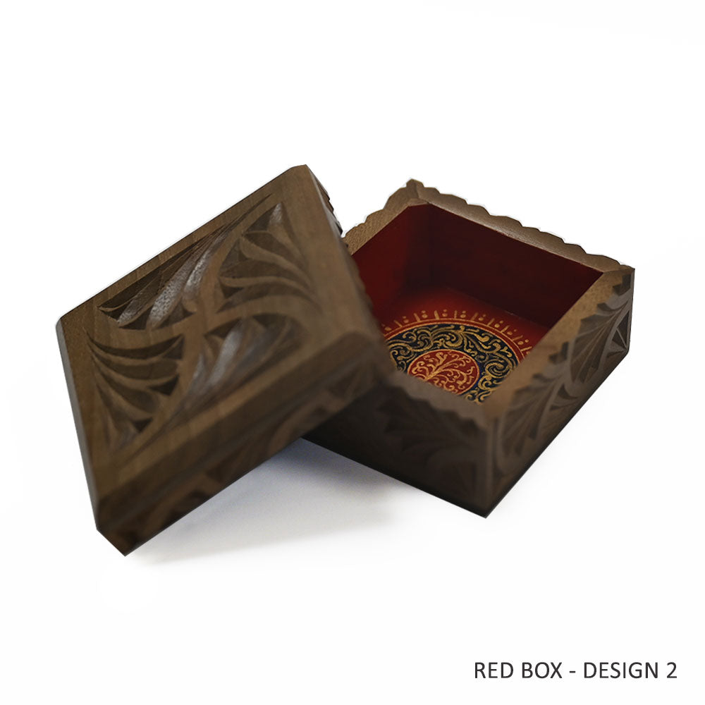 Red Painted Hand-Carved Wooden Square Gift Box